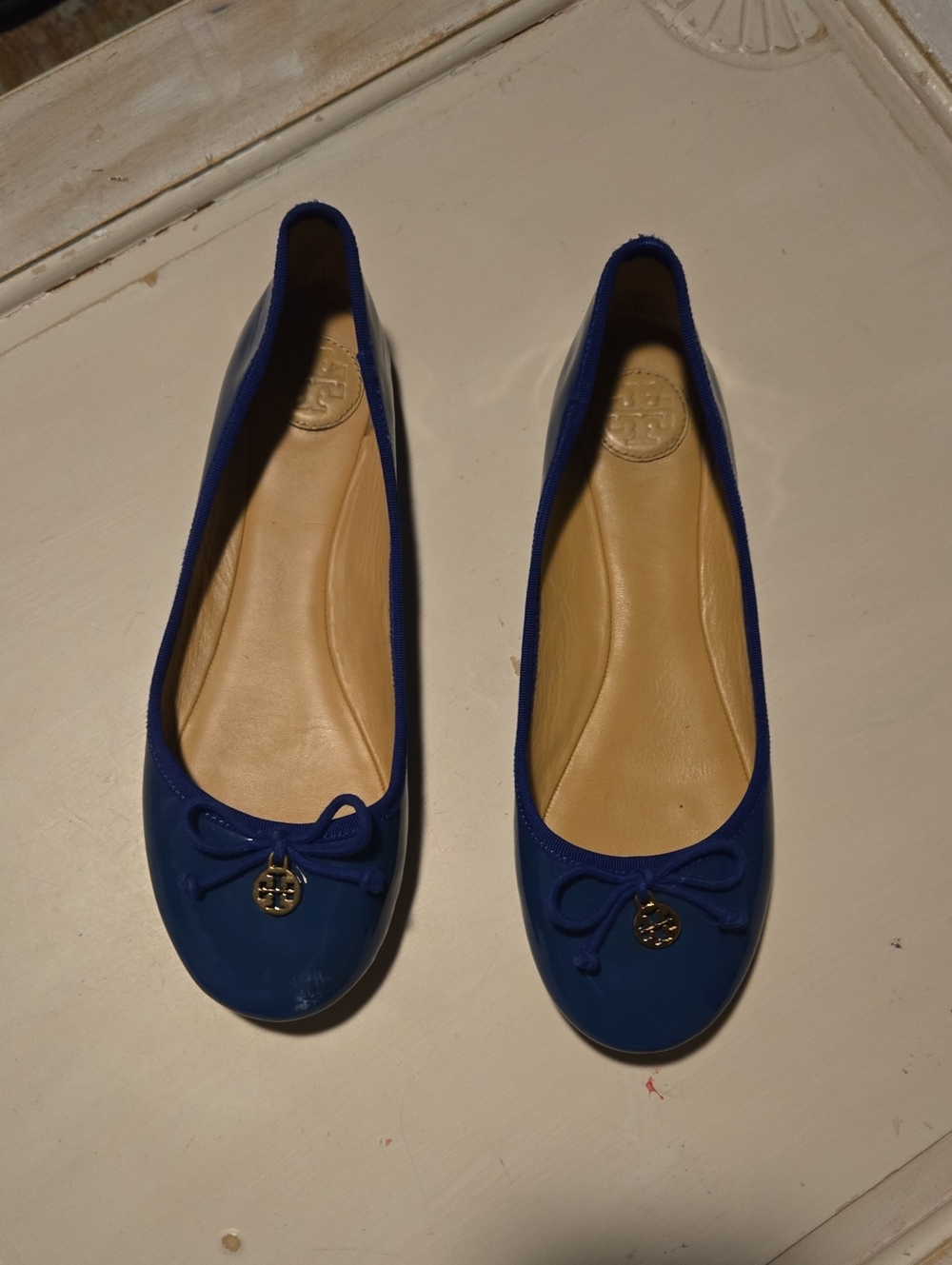 Tory Burch Royal Blue Patent Ballet Flats with Logo Charm